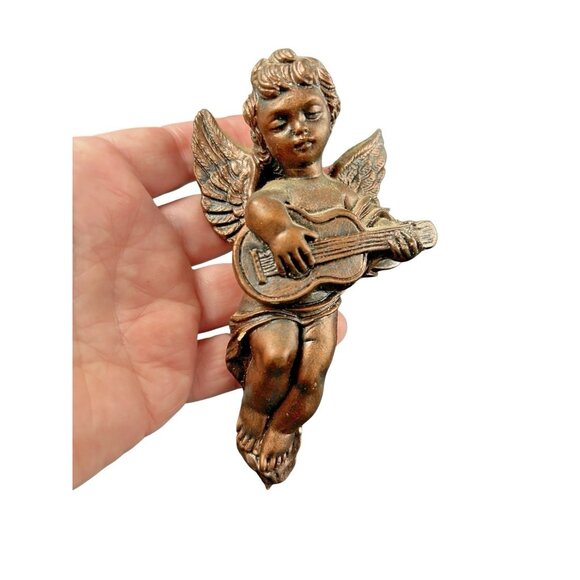 Vintage Angel Cherub Wall Hanging Plaque Pair 2 Gold Chalk ware Instruments 5" - Picture 5 of 10